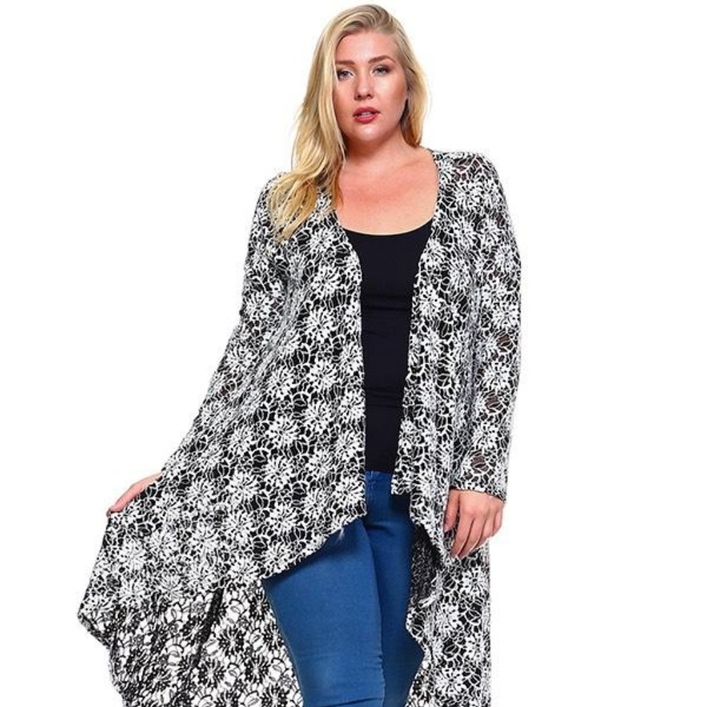 Yummy Plus Long Open Cardigan Wht Blk Plus 1X & 3X